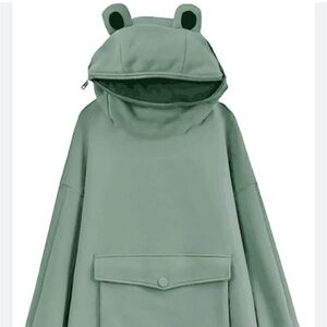 Modakawa Sage Green Loose Hooded Sweatshirt with Ears plus Pockets